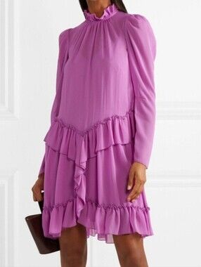 NWT See By Chloe Ruffled Georgette High Neck Dropped Waist Purple Mini Dress 36